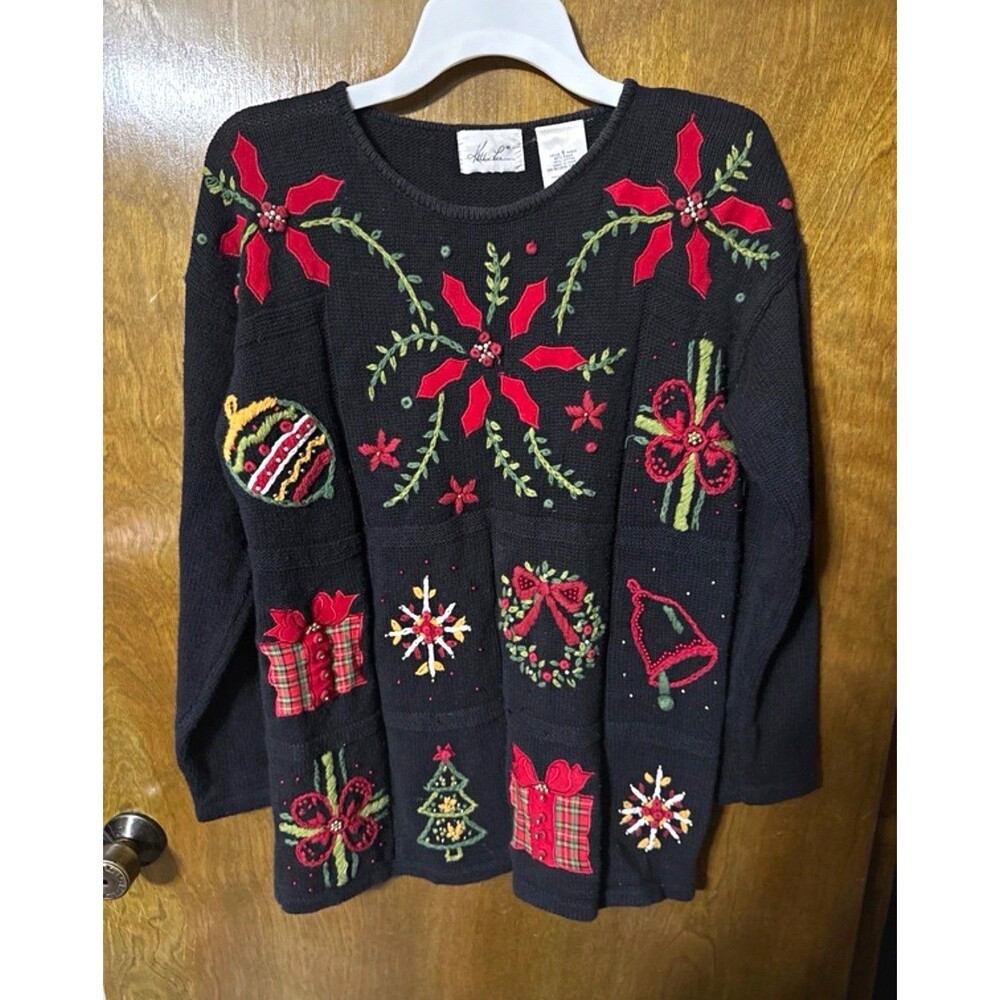 Kathie Lee Women's S Black Christmas Embroidered Crewneck Pullover Sweater